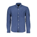Men's North Sails blue organic cotton shirt with a classic fit and button-down collar, shown on a hanger.