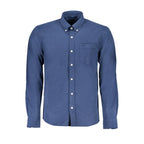 Men's North Sails blue organic cotton shirt with a classic fit and button-down collar, shown on a hanger.