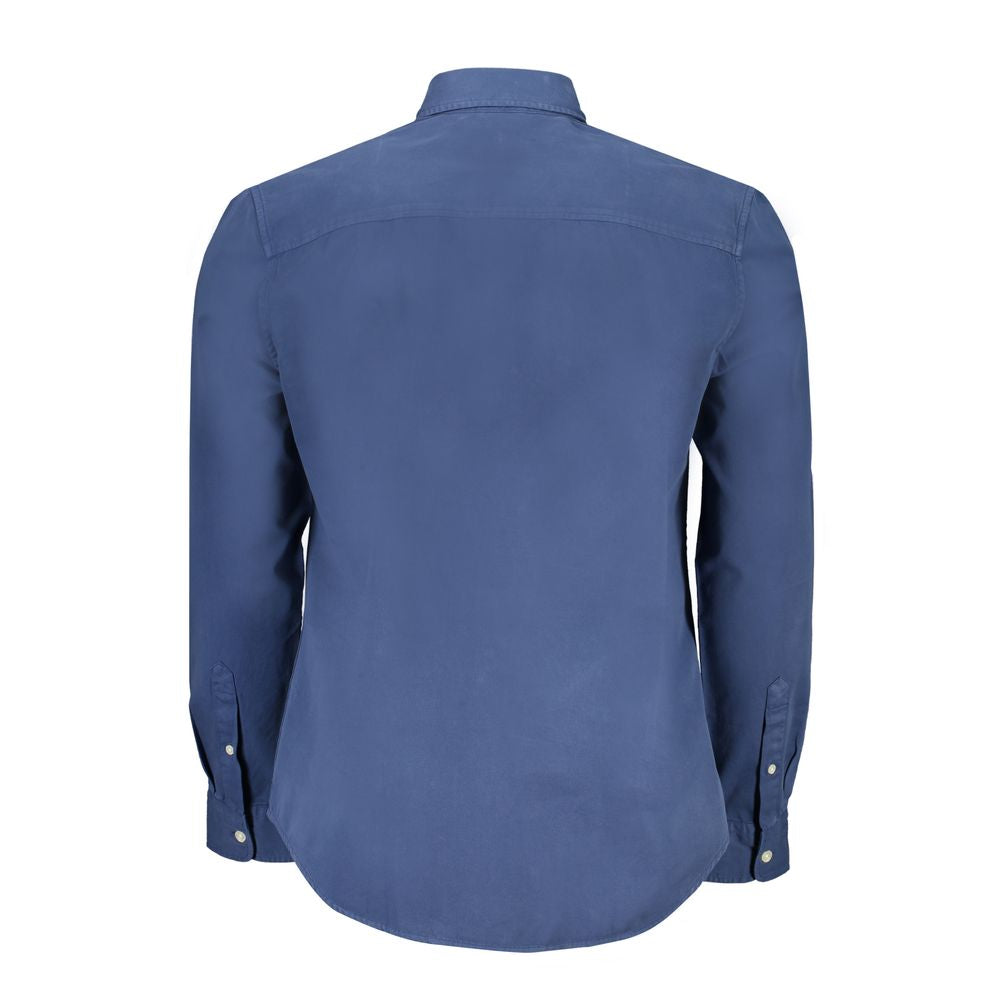 North Sails blue organic cotton men's shirt displayed flat, showing collar, buttons, and soft fabric texture.