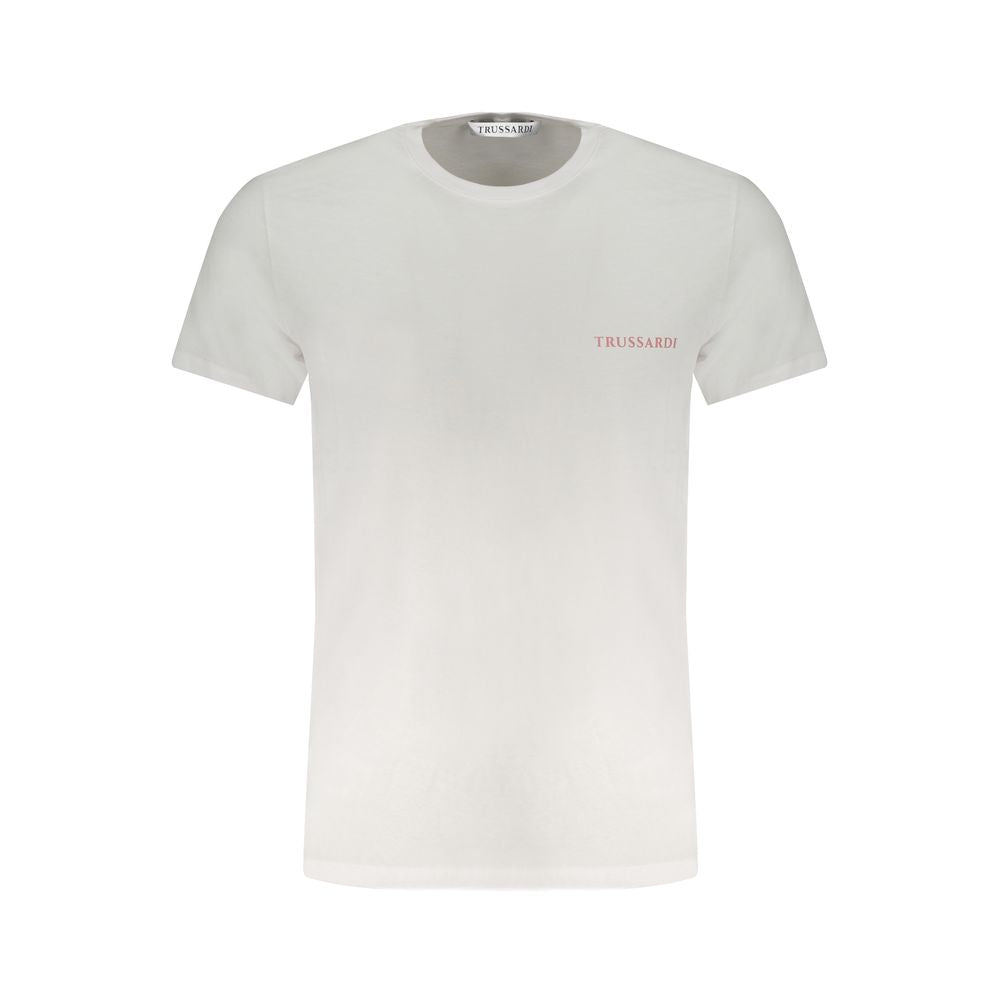 White cotton men's T-shirt by Trussardi with a classic fit and subtle branding, displayed on a plain background.