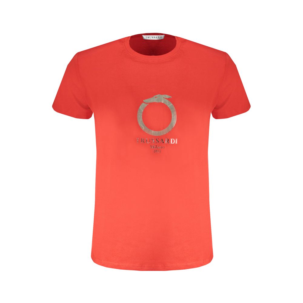 Red cotton men's T-shirt by Trussardi, featuring a crew neck and casual fit, displayed on a flat lay.