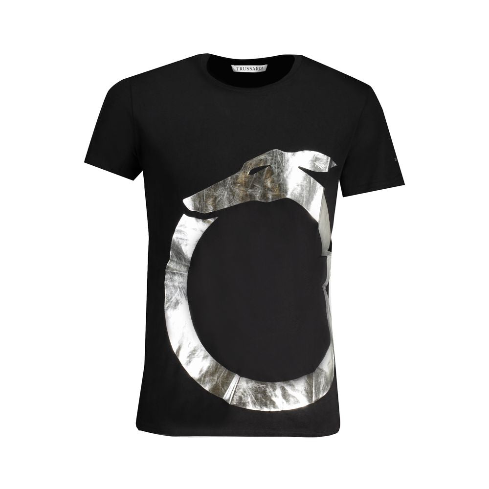 Black cotton men's T-shirt by Trussardi with a classic fit and subtle branding, displayed on a plain background.