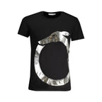 Black cotton men's T-shirt by Trussardi with a classic fit and subtle branding, displayed on a plain background.