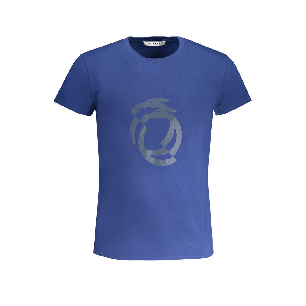 Blue cotton men's T-shirt by Trussardi, featuring a classic fit and simple crew neckline, shown flat on a white background.