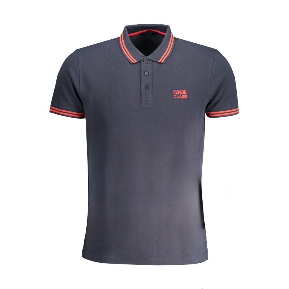 Cavalli Class blue cotton men's polo shirt with collar and short sleeves, featuring subtle design details.