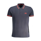 Cavalli Class blue cotton men's polo shirt with collar and short sleeves, featuring subtle design details.