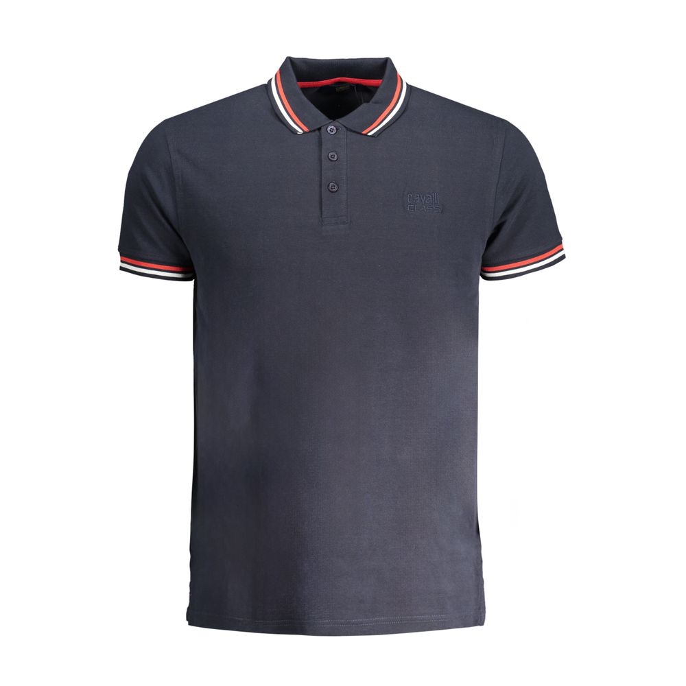 Navy cotton men's polo shirt by Cavalli Class featuring a classic collar and short sleeves, displayed flat on a white background.