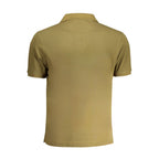 La Martina Verde cotton men's polo shirt hanging on a display with a collar and short sleeves.