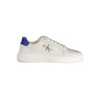 Calvin Klein white leather men's sneaker with sleek design and lace-up closure, styled on a clean white background.