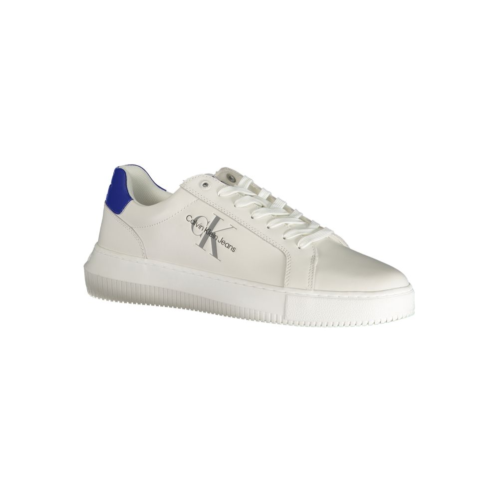 Calvin Klein white leather men's sneaker with sleek design, round toe, and white rubber sole.