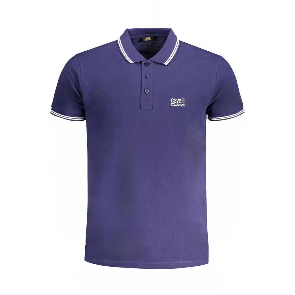 Cavalli Class blue cotton men's polo shirt with a classic collar and short sleeves, displayed on a plain background.