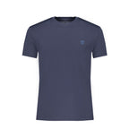 Timberland blue cotton men's slim-fit T-shirt displayed flat, showcasing the fitted style and soft fabric.