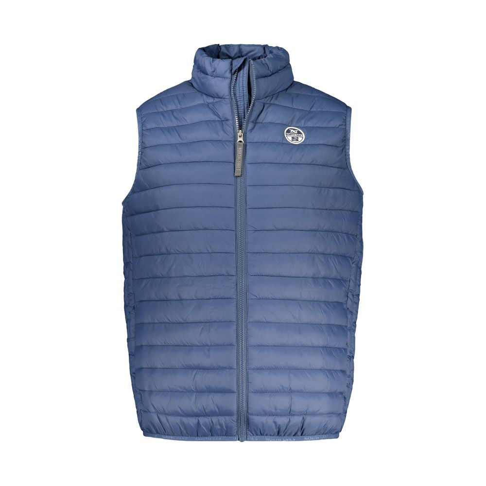 North Sails blue polyamide men's vest displayed on a hanger, showcasing lightweight, durable fabric and classic design.