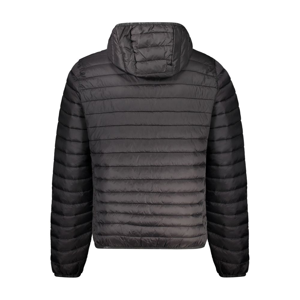 North Sails Nero Poliammide men's jacket shown on a hanger, featuring a sleek black design with a full front zipper and stand-up collar.