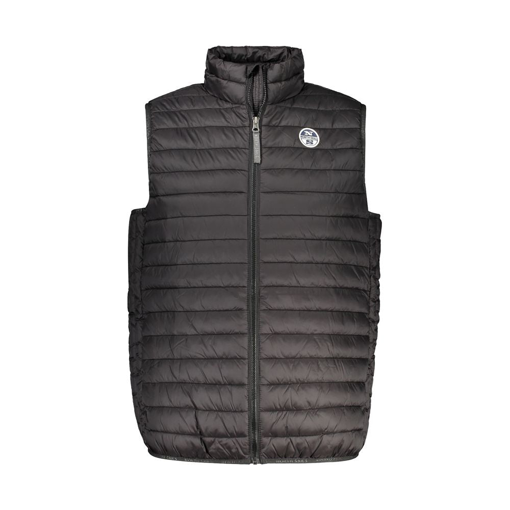 North Sails Nero Poliammide men's gilet hanging on a hanger, lightweight nylon vest with front zip and stand collar.