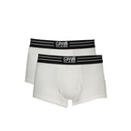 White cotton men's boxer briefs by Cavalli Class, featuring a comfortable fit and branded waistband in a close-up view.