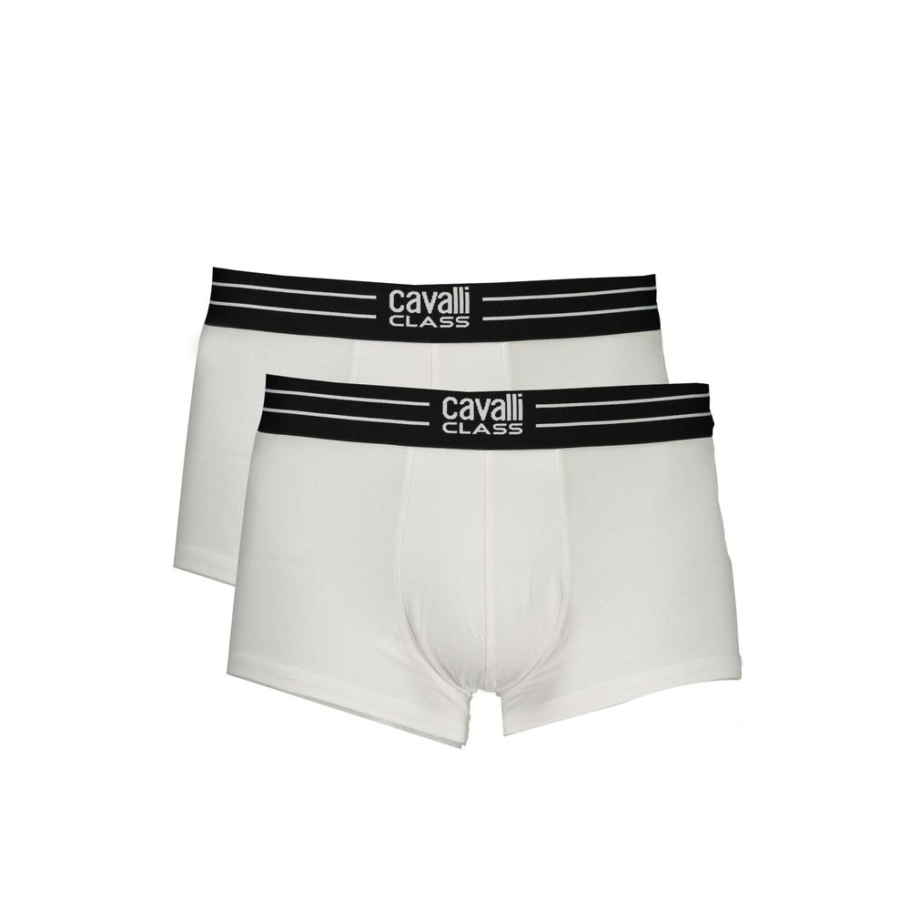 White cotton men's boxer briefs by Cavalli Class, featuring a comfortable fit and branded waistband in a close-up view.