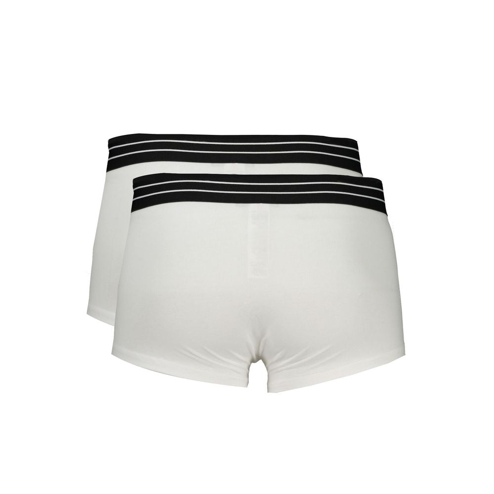 White cotton men's boxer briefs by Cavalli Class, close-up view showing the fitted waistband and soft fabric.