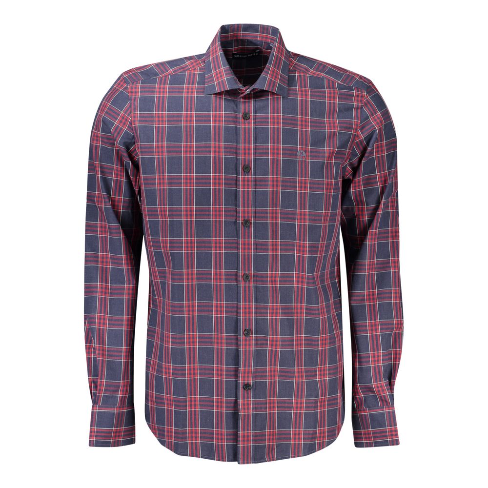 North Sails blue cotton men's shirt displayed flat, showcasing collar, buttons, and tidy stitching.