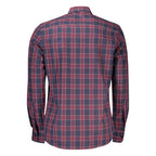 North Sails blue cotton men's shirt displayed on a hanger with a collar and button-down front, showcasing casual and classic style.