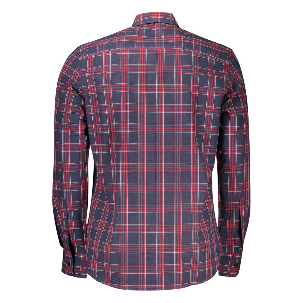 North Sails blue cotton men's shirt displayed on a hanger with a collar and button-down front, showcasing casual and classic style.