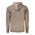 Norway 1963 men's marrone poliammide cardigan, with button-up front and ribbed cuffs, displayed on a hanger.
