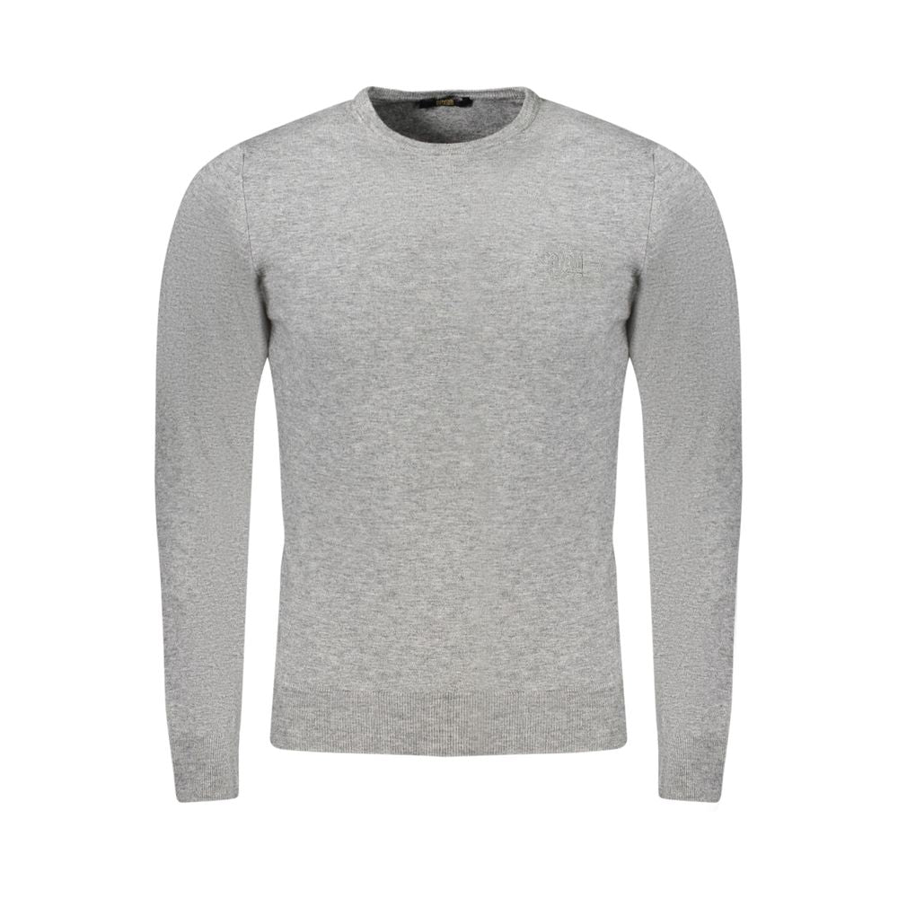Cavalli Class Grigio Viscosa men's sweater showing a gray Viscosa fabric, crew neckline, and ribbed cuffs.