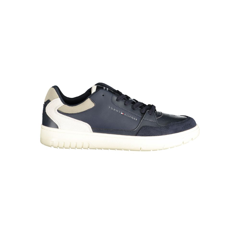 Tommy Hilfiger blue polyurethane men's sneaker with white sole and laces, casual athletic footwear.