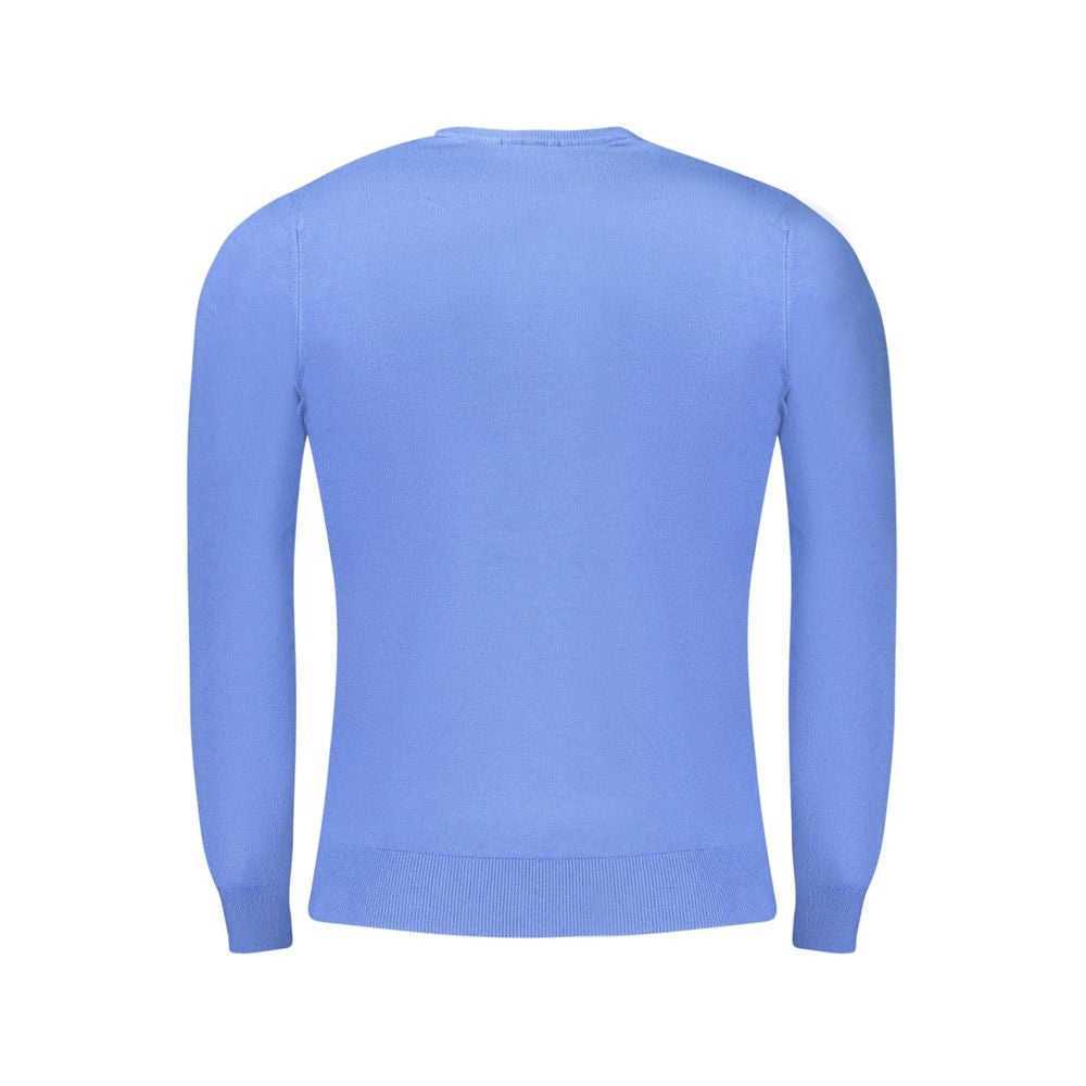 Cavalli Class men's blue viscose sweater with a ribbed crew neckline and long sleeves, stylish and comfortable for casual wear.
