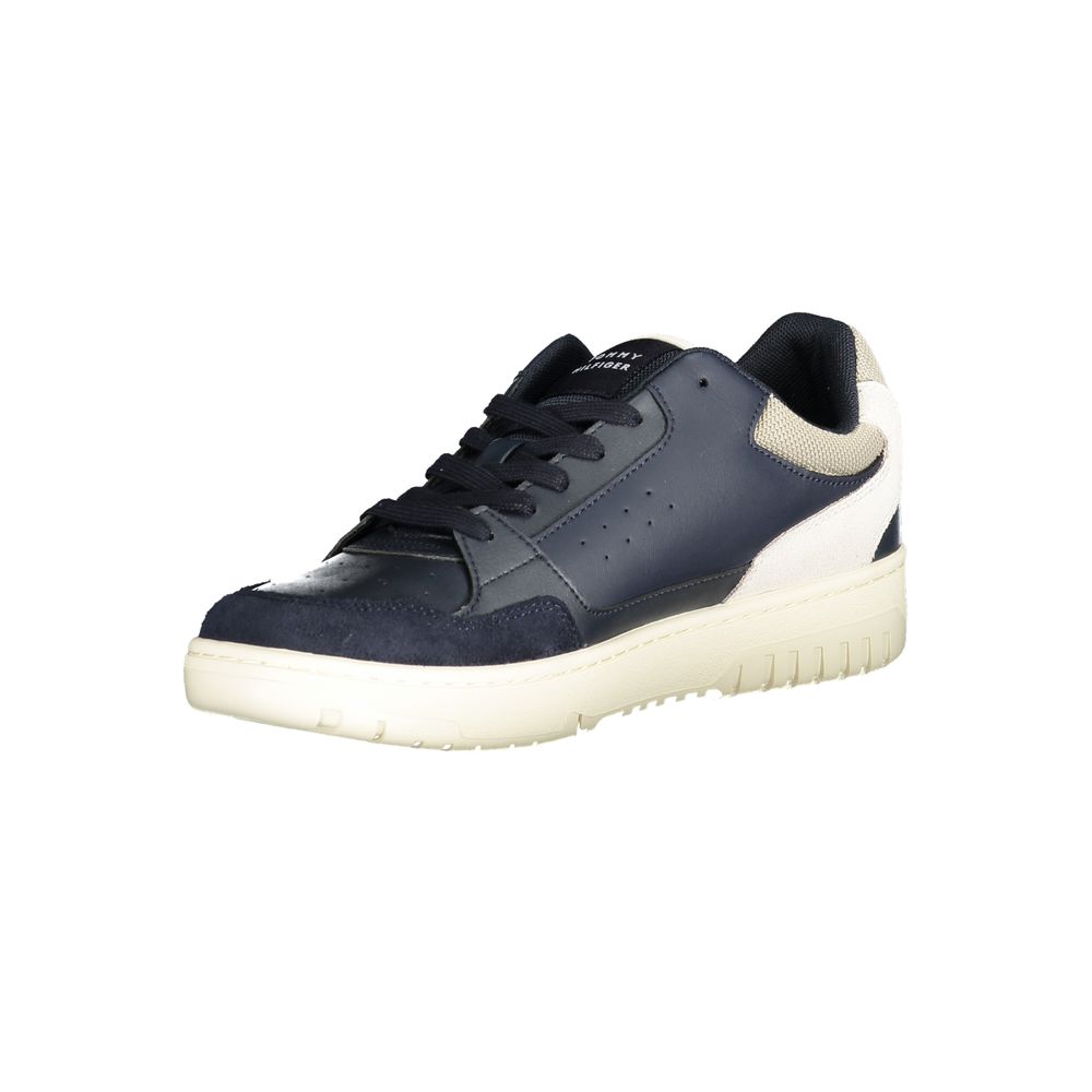 Tommy Hilfiger blue polyurethane men's sneaker with white sole and laces, casual athletic footwear for men.