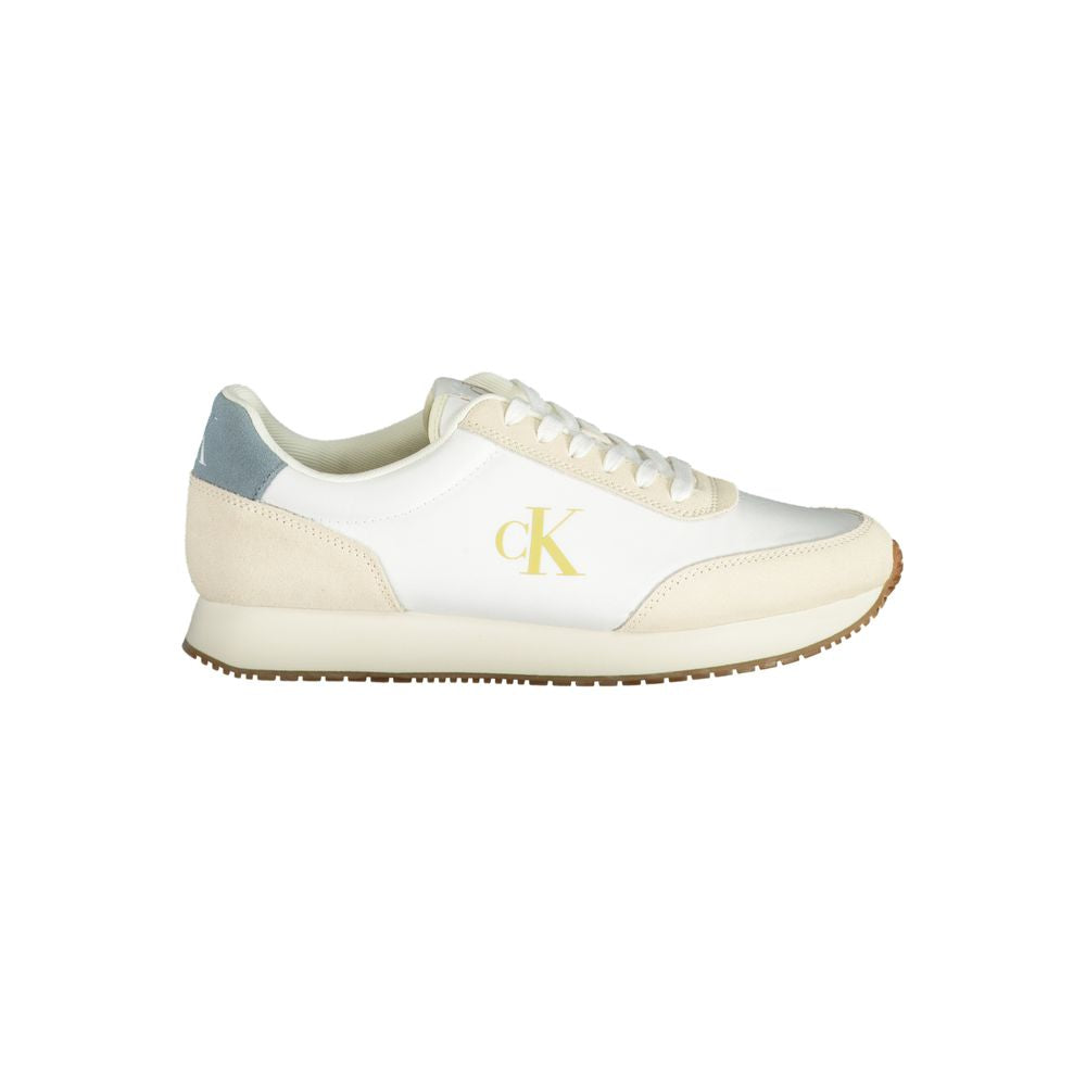 White Calvin Klein men's polyester sneaker with sleek design and casual style, featuring lace-up closure and rubber sole.