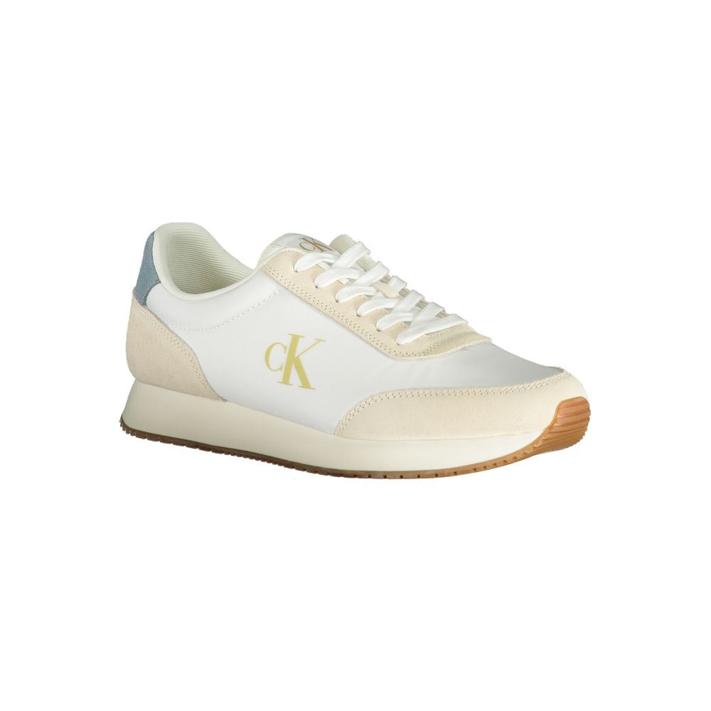 White Calvin Klein polyester men's sneaker with sleek design and comfortable fit, featuring Calvin Klein branding and modern style.