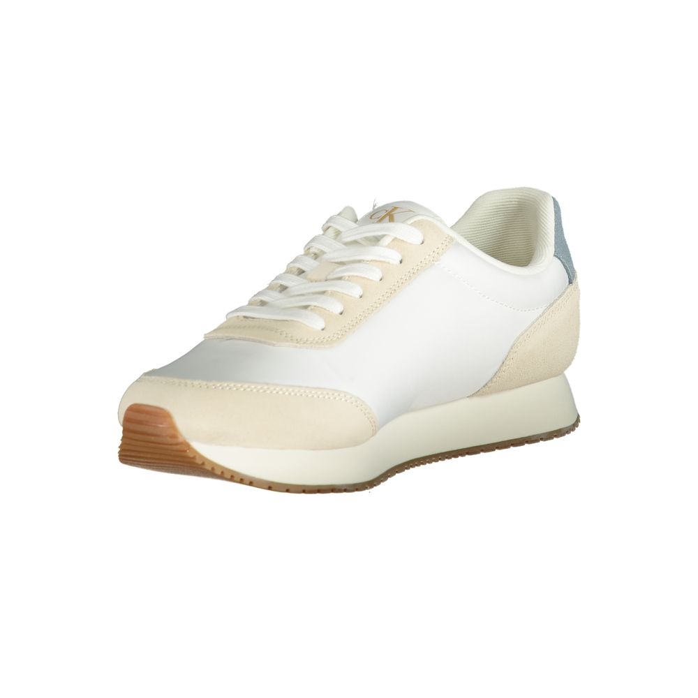 Calvin Klein white polyester men's sneaker with sleek design, lace-up closure, and cushioned sole for casual wear.