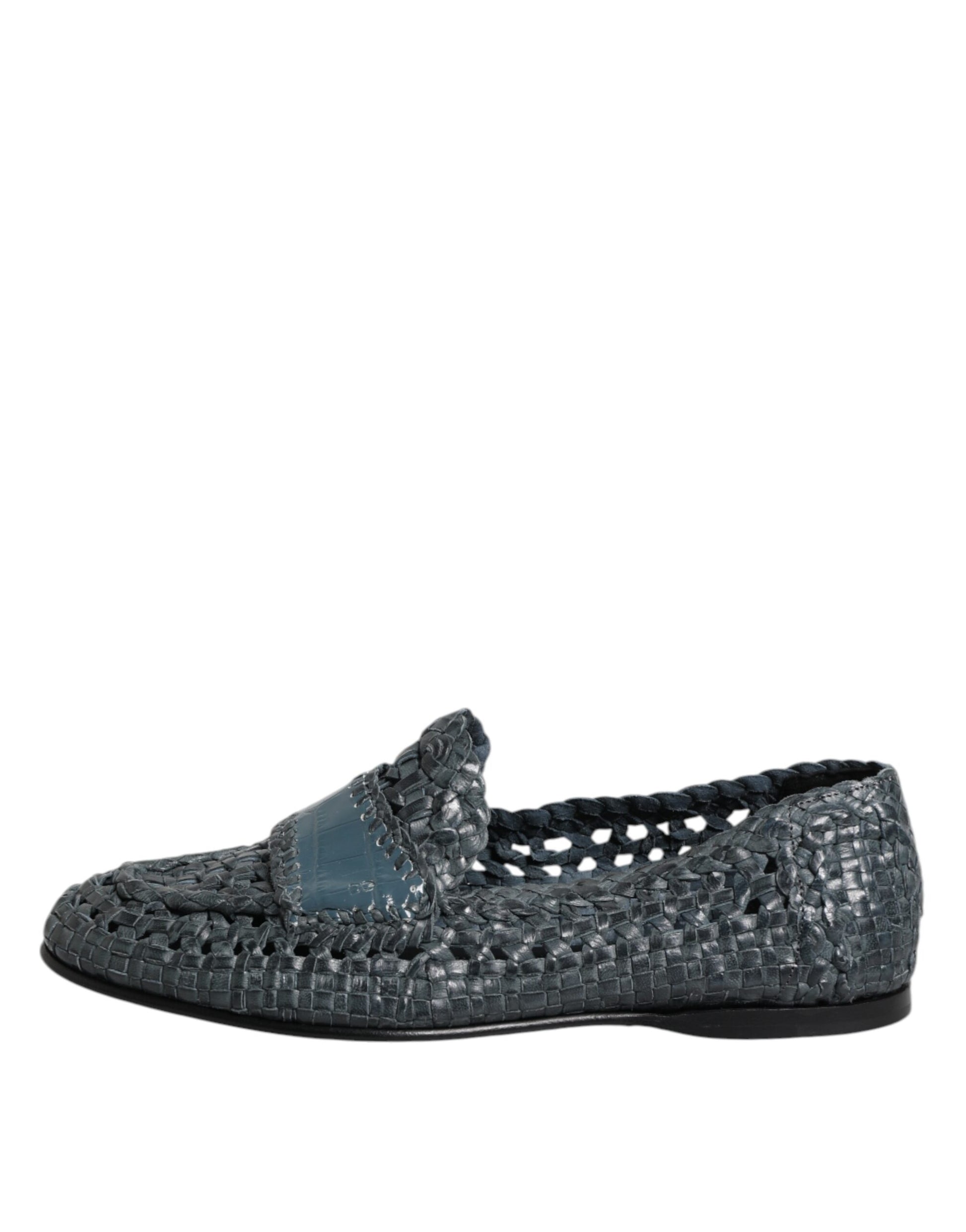 Dolce & Gabbana Blue Woven Leather Slip On Loafers Shoes Dolce & Gabbana