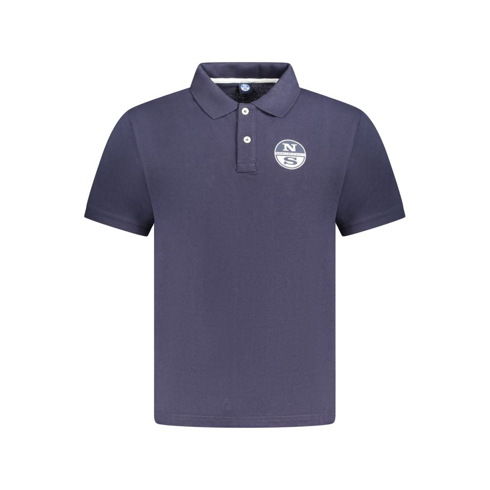 North Sails blue cotton men's polo shirt displayed on a hanger, showcasing the classic collared design and fabric texture.