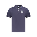 North Sails blue cotton men's polo shirt displayed on a hanger, showcasing the classic collared design and fabric texture.