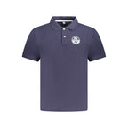North Sails blue cotton men's polo shirt displayed on a hanger, showcasing the classic collared design and fabric texture.