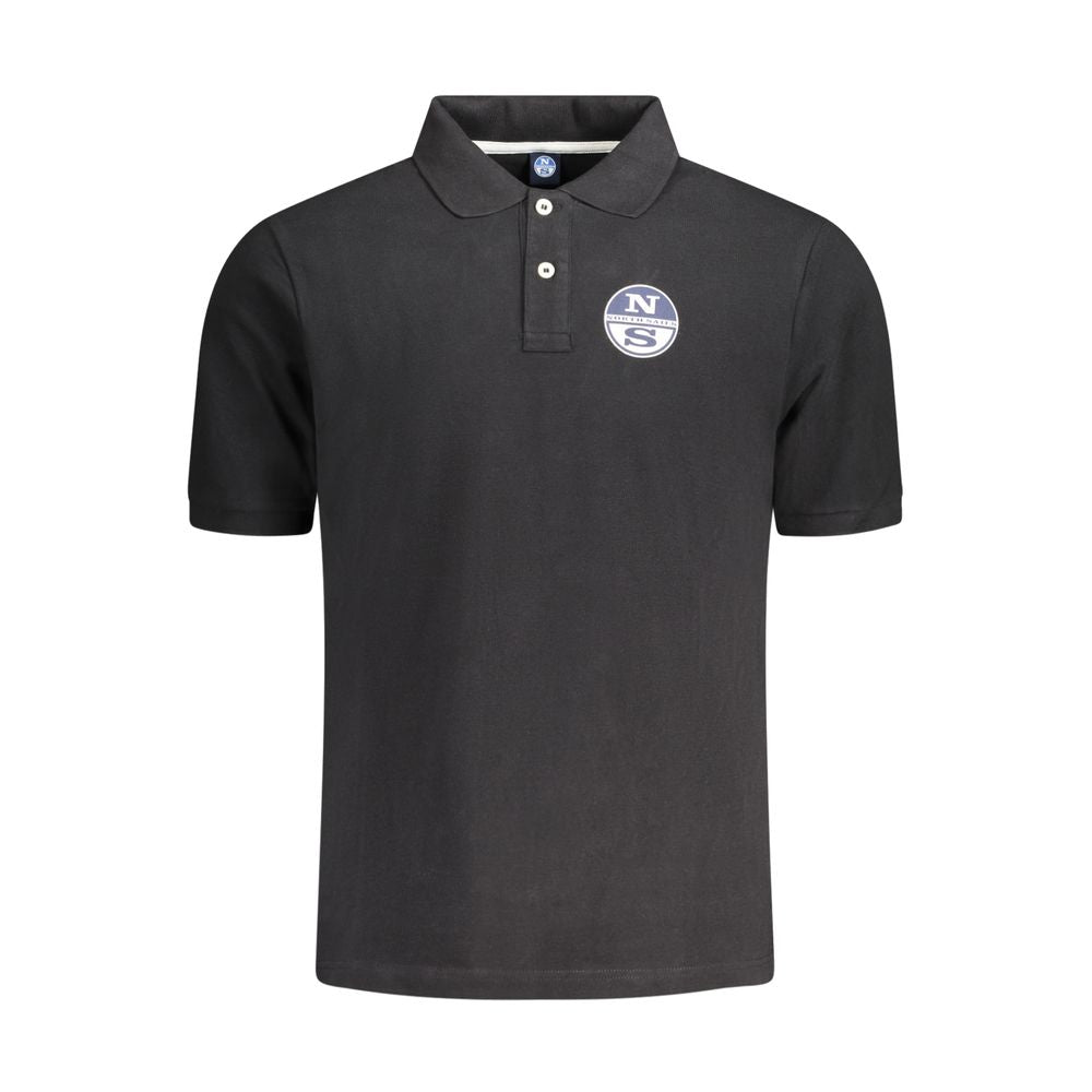 Black North Sails men's cotton polo shirt displayed on a hanger with a classic collar and short sleeves.