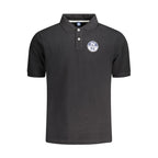 Black North Sails men's cotton polo shirt displayed on a hanger with a classic collar and short sleeves.