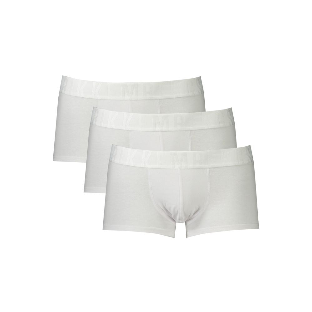 Set of three white Bikkembergs men's boxer briefs made from polyester, displayed in a trio pack on a plain background.