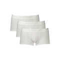 Set of three white Bikkembergs men's boxer briefs made from polyester, displayed in a trio pack on a plain background.