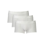 Set of three white Bikkembergs men's boxer briefs made from polyester, displayed in a trio pack on a plain background.