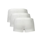 White Bikkembergs men's polyester boxer briefs trio pack, close-up of the comfortable waistband and smooth fabric.