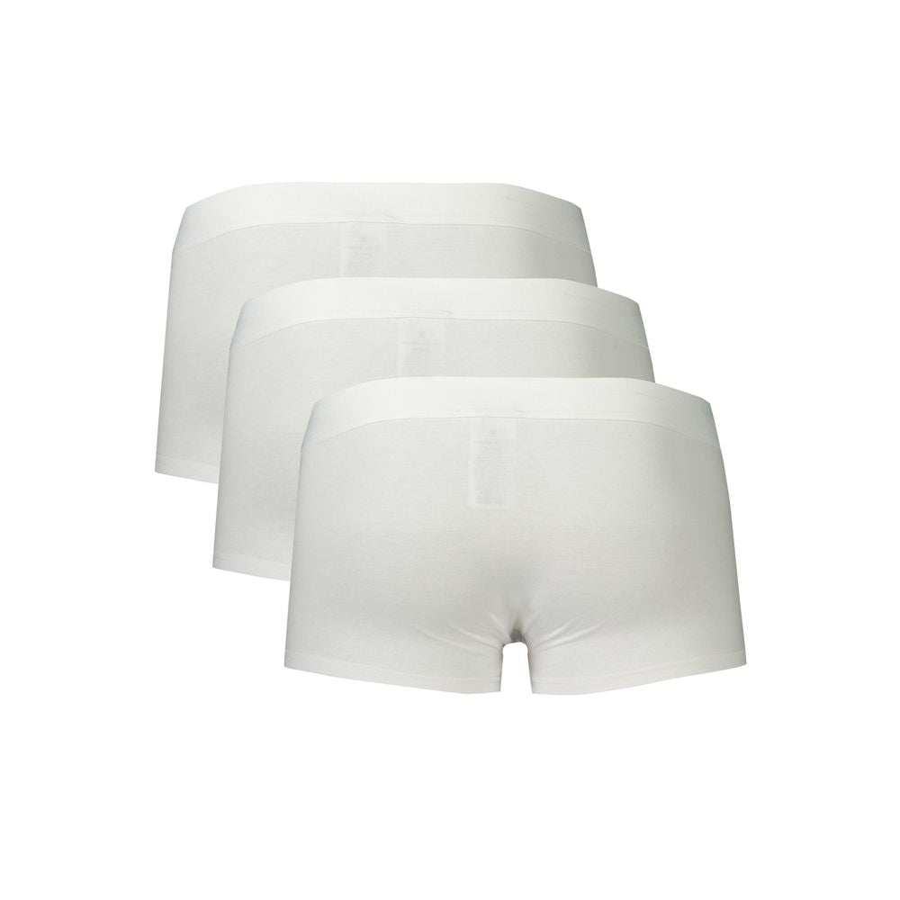 White Bikkembergs men's polyester boxer briefs trio pack, close-up of the comfortable waistband and smooth fabric.