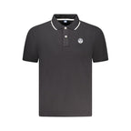 Black North Sails men's cotton polo shirt displayed on a hanger with a classic collar and short sleeves.