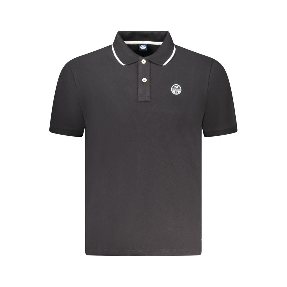 Black North Sails men's cotton polo shirt displayed on a hanger with a classic collar and short sleeves.