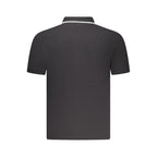 North Sails black cotton men's polo shirt displayed on a hanger, showcasing classic style and comfortable fabric.