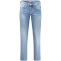 Tommy Hilfiger men's blue cotton jeans displayed on a hanger, showcasing classic fit and durable denim fabric.