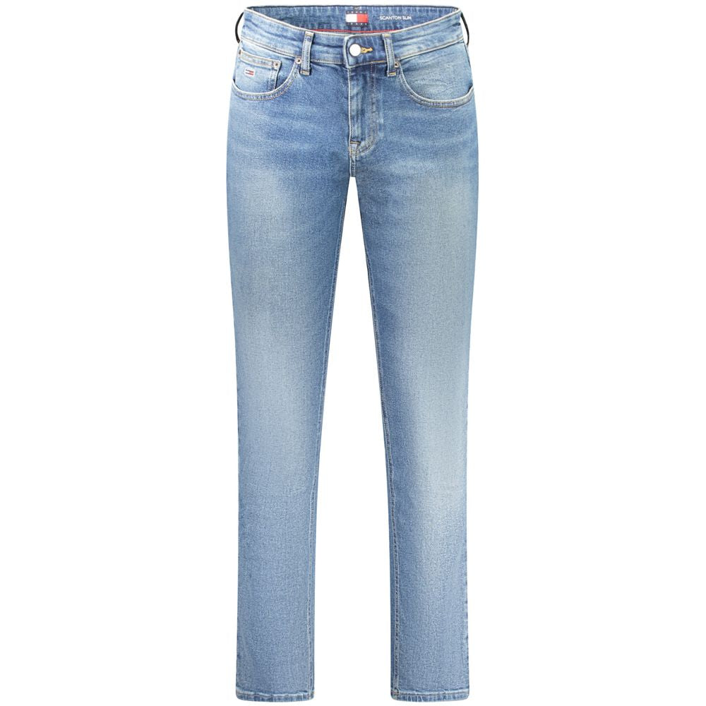 Tommy Hilfiger men's blue cotton jeans displayed on a hanger, showcasing classic fit and durable denim fabric.