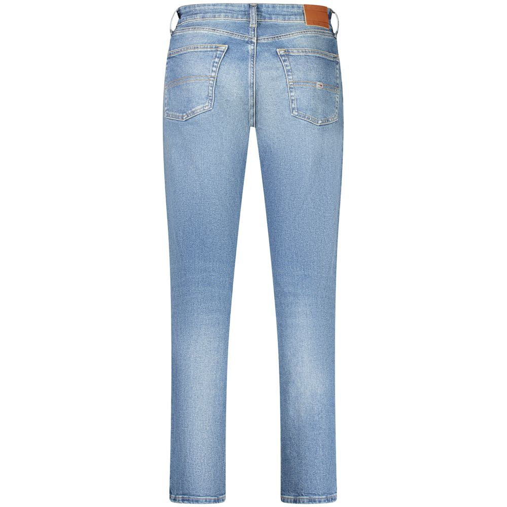 Tommy Hilfiger blue cotton men's jeans displayed, classic fit with five-pocket design and signature branding.